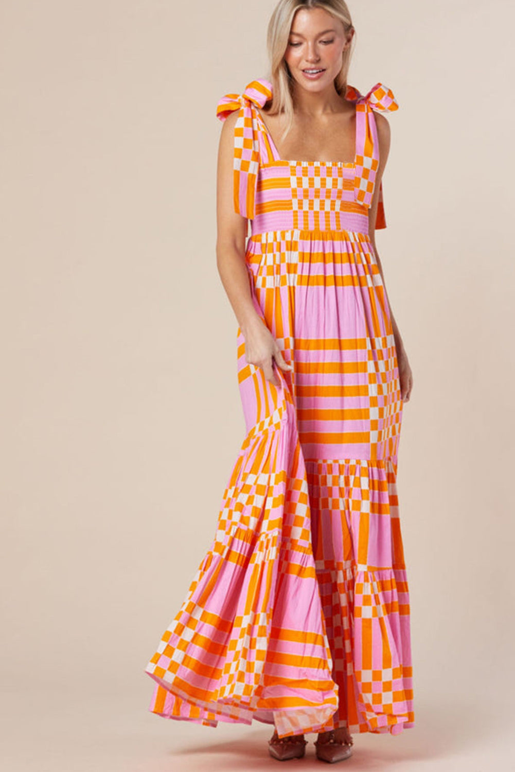 Naomi - Women's Boho Gingham Smocked Maxi Dress with Tied Straps - photo 3