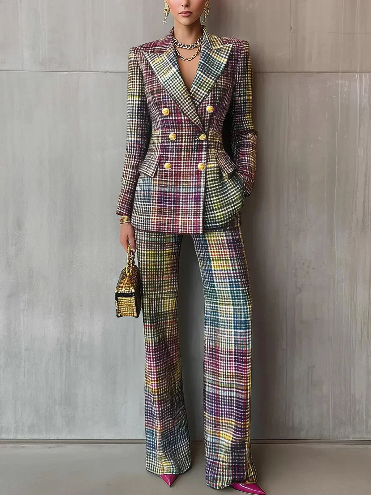 Completo da donna due pezzi con blazer doppiopetto e pantaloni svasati