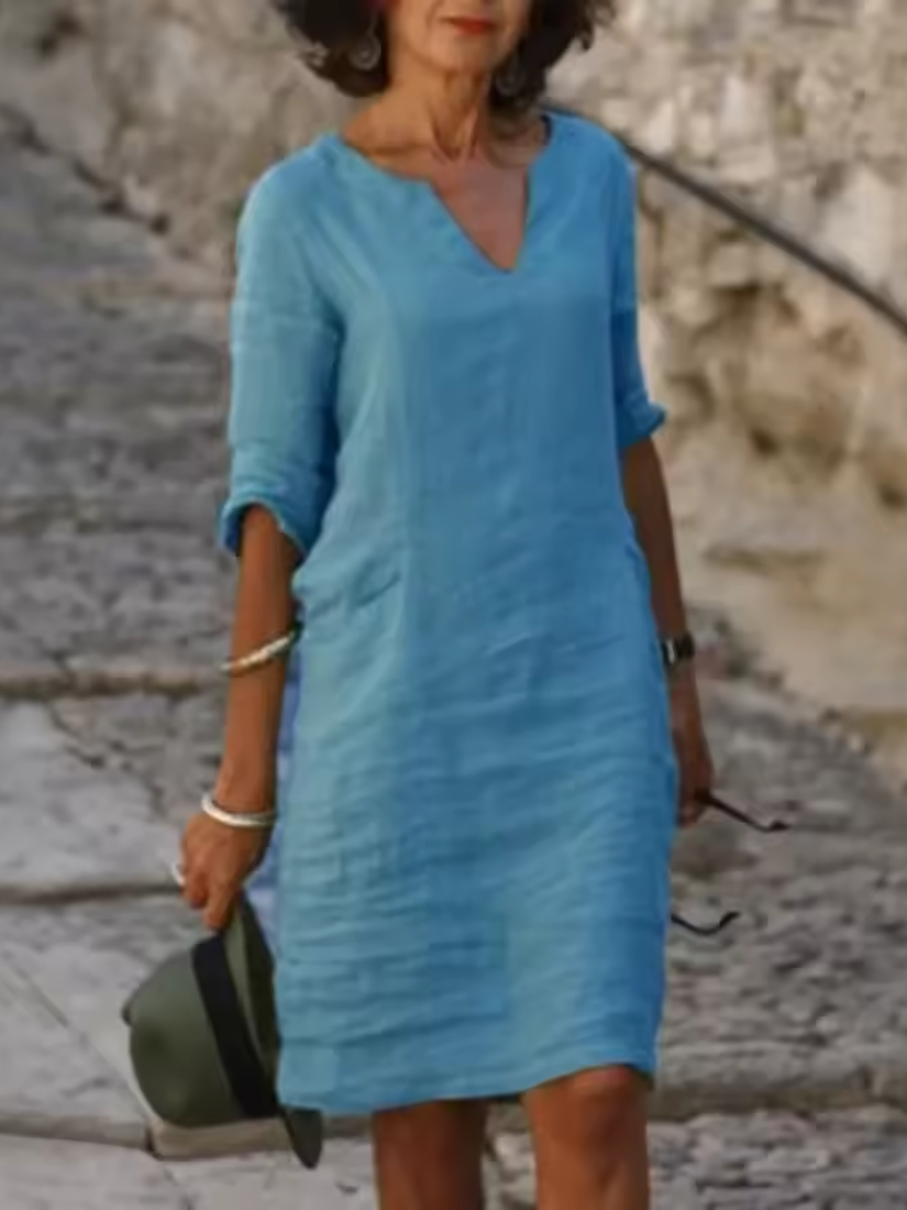 Mila - V-Neck Cotton Linen Dress with Mid Sleeves and Slim Fit - photo 6