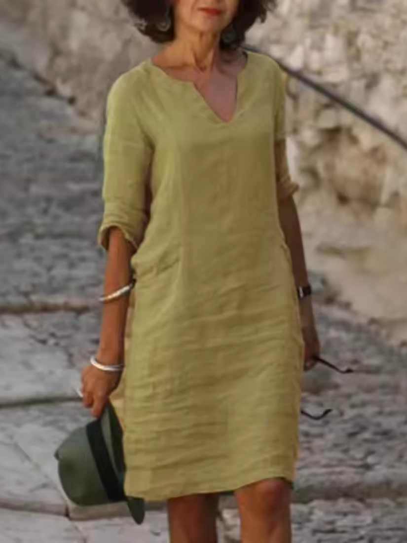 Mila - V-Neck Cotton Linen Dress with Mid Sleeves and Slim Fit - photo 8