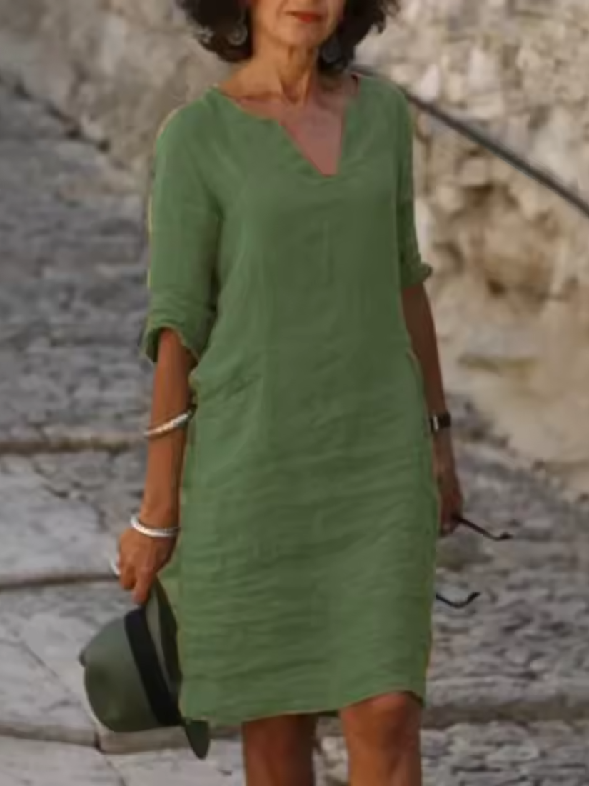 Mila - V-Neck Cotton Linen Dress with Mid Sleeves and Slim Fit - photo 11