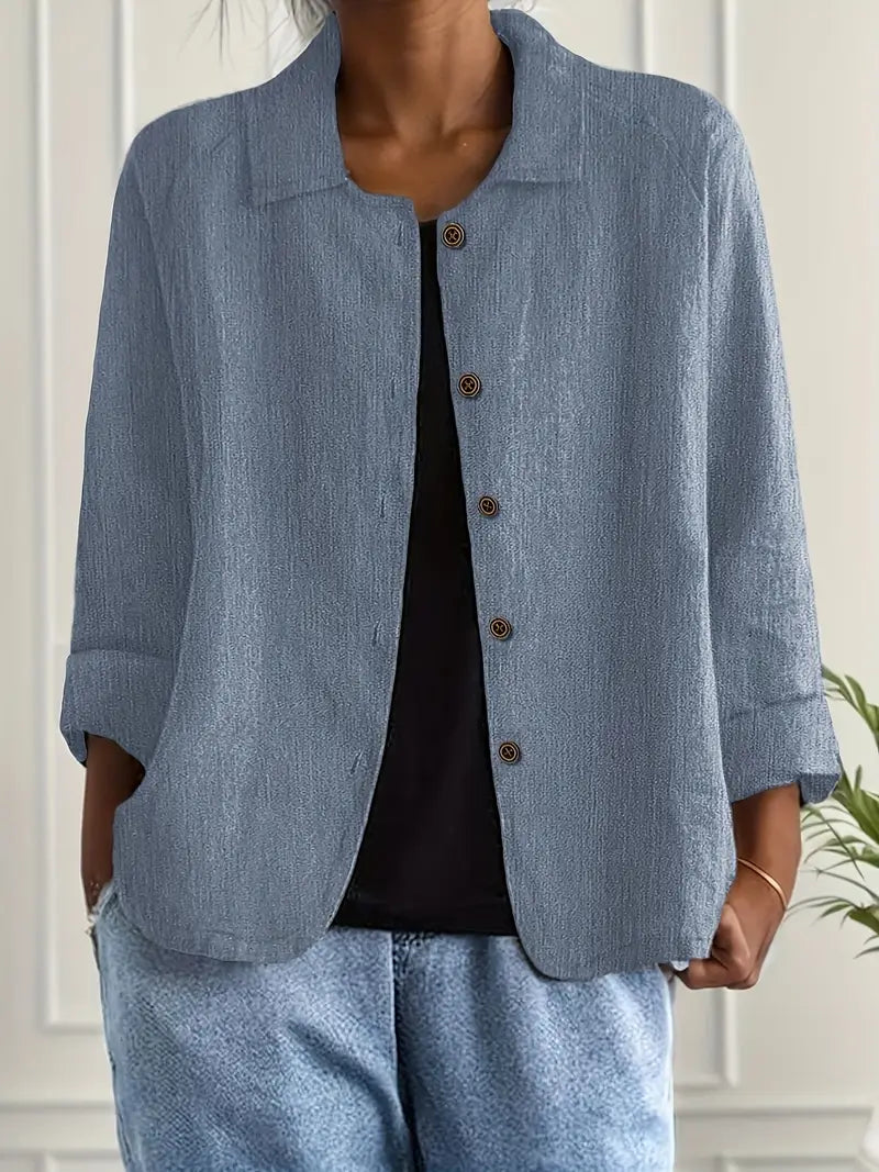 Women's linen-look button front overshirt in blue