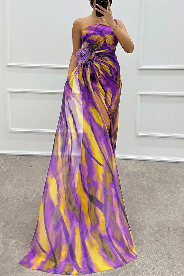 Sophia - Women's Off-Shoulder Slit Printed Maxi Dress