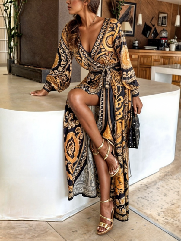 Lani - Women's Bohemian Maxi Dress with Golden Print and High Slit - photo 1