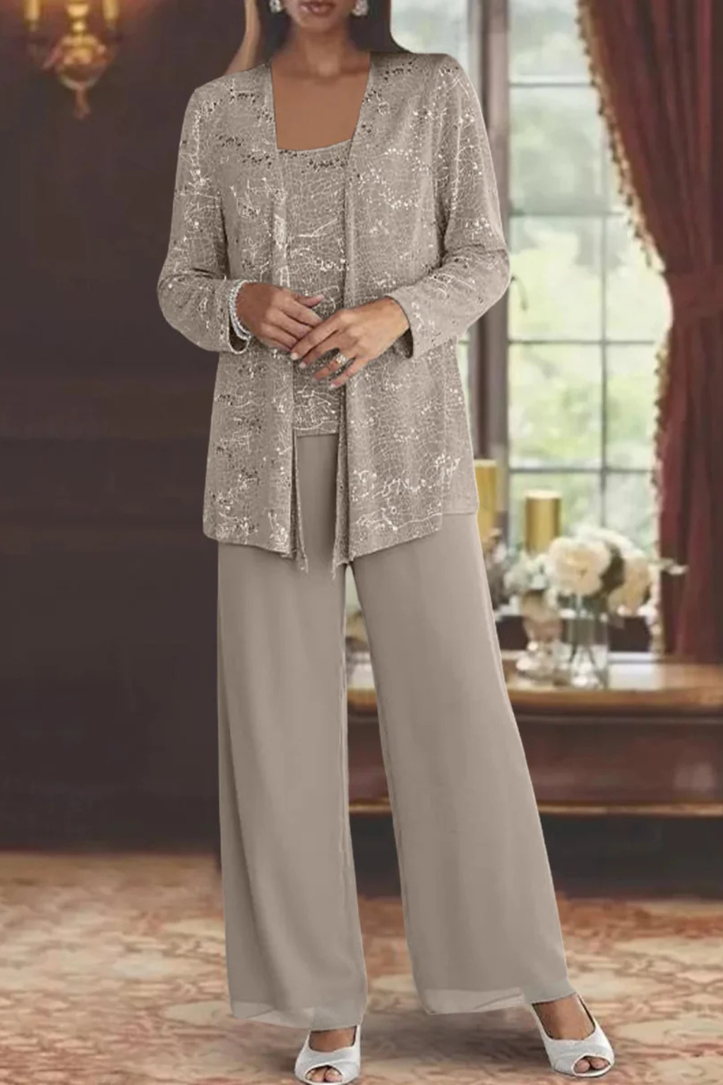 Women's Three-Piece Evening Set with Wide-Leg Pants