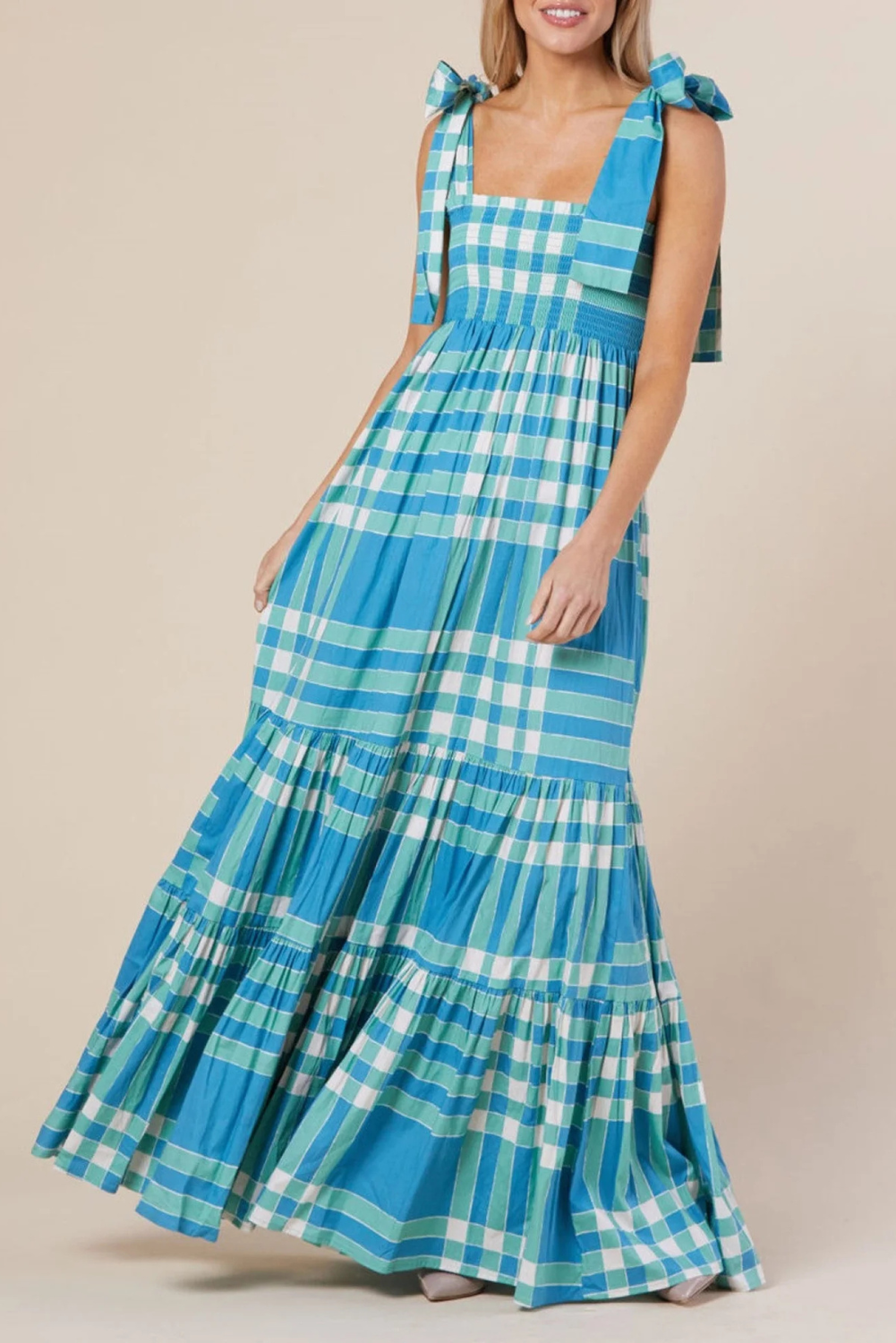 Naomi - Women's Boho Gingham Smocked Maxi Dress with Tied Straps - photo 9