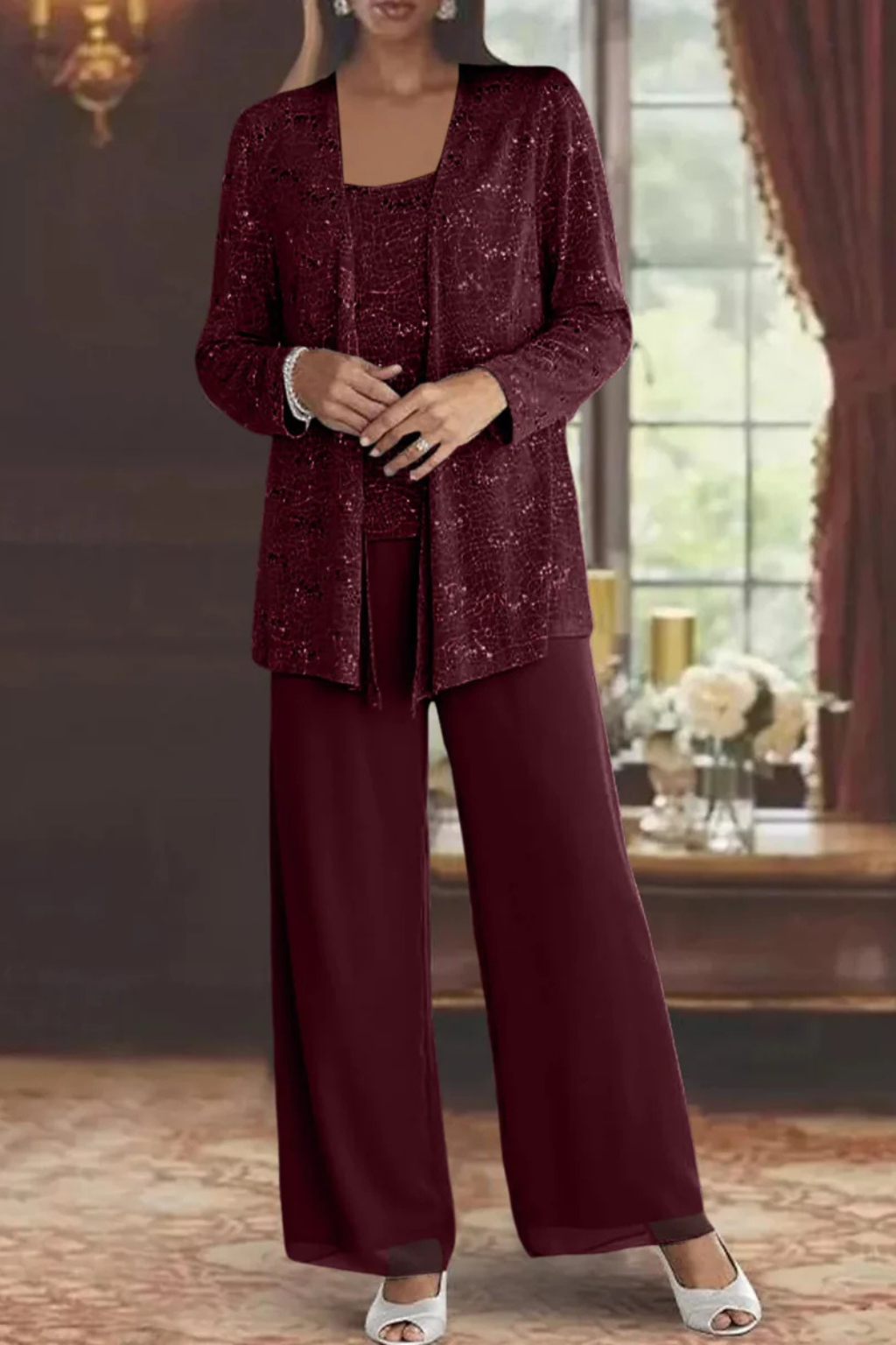 Women's Three-Piece Evening Set with Wide-Leg Pants