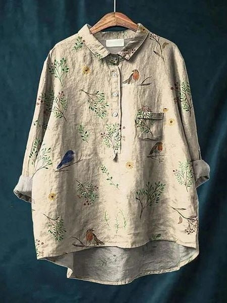 Women's cotton-linen floral shirt, print 4 - cream botanical