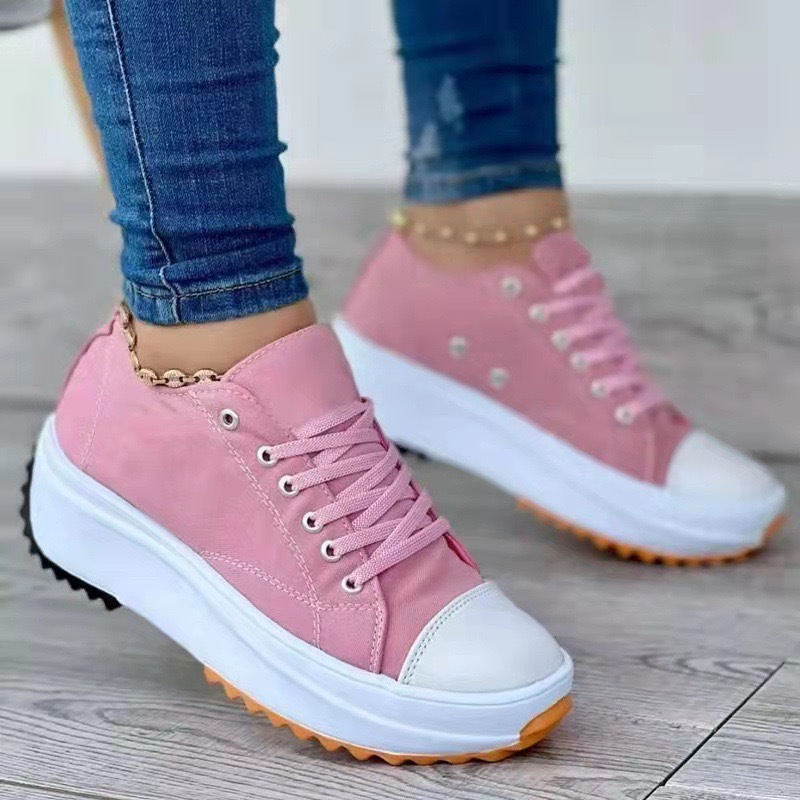 Casual Lace-Up Canvas Platform Sneakers Pink