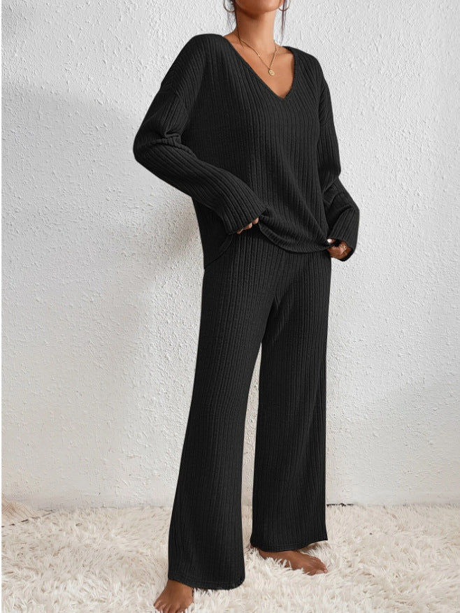 Stella - Women's V-Neck Ribbed Knit Lounge Set