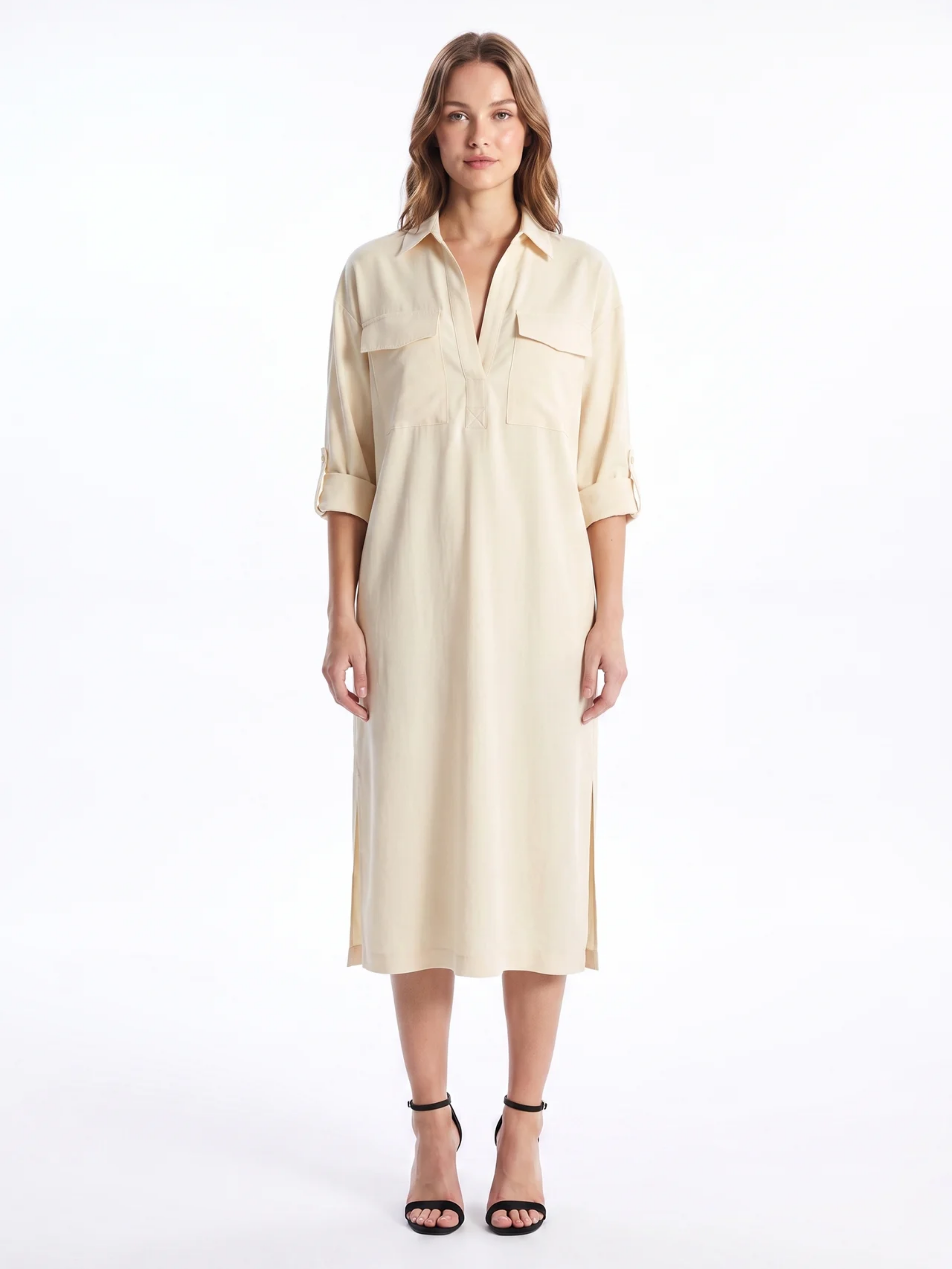 Frances - Abito midi da donna in misto lino con colletto a camicia