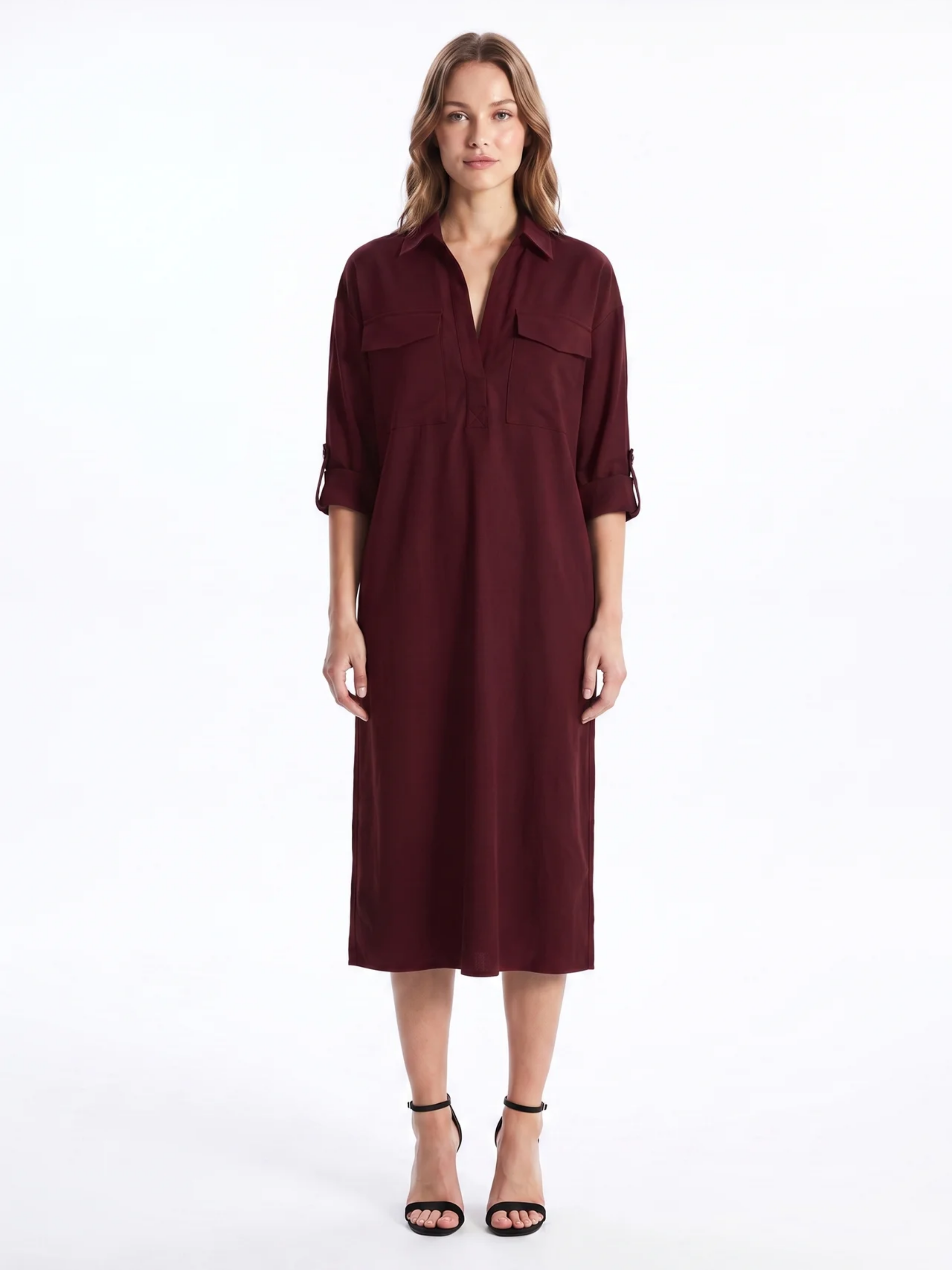 Frances - Abito midi da donna in misto lino con colletto a camicia