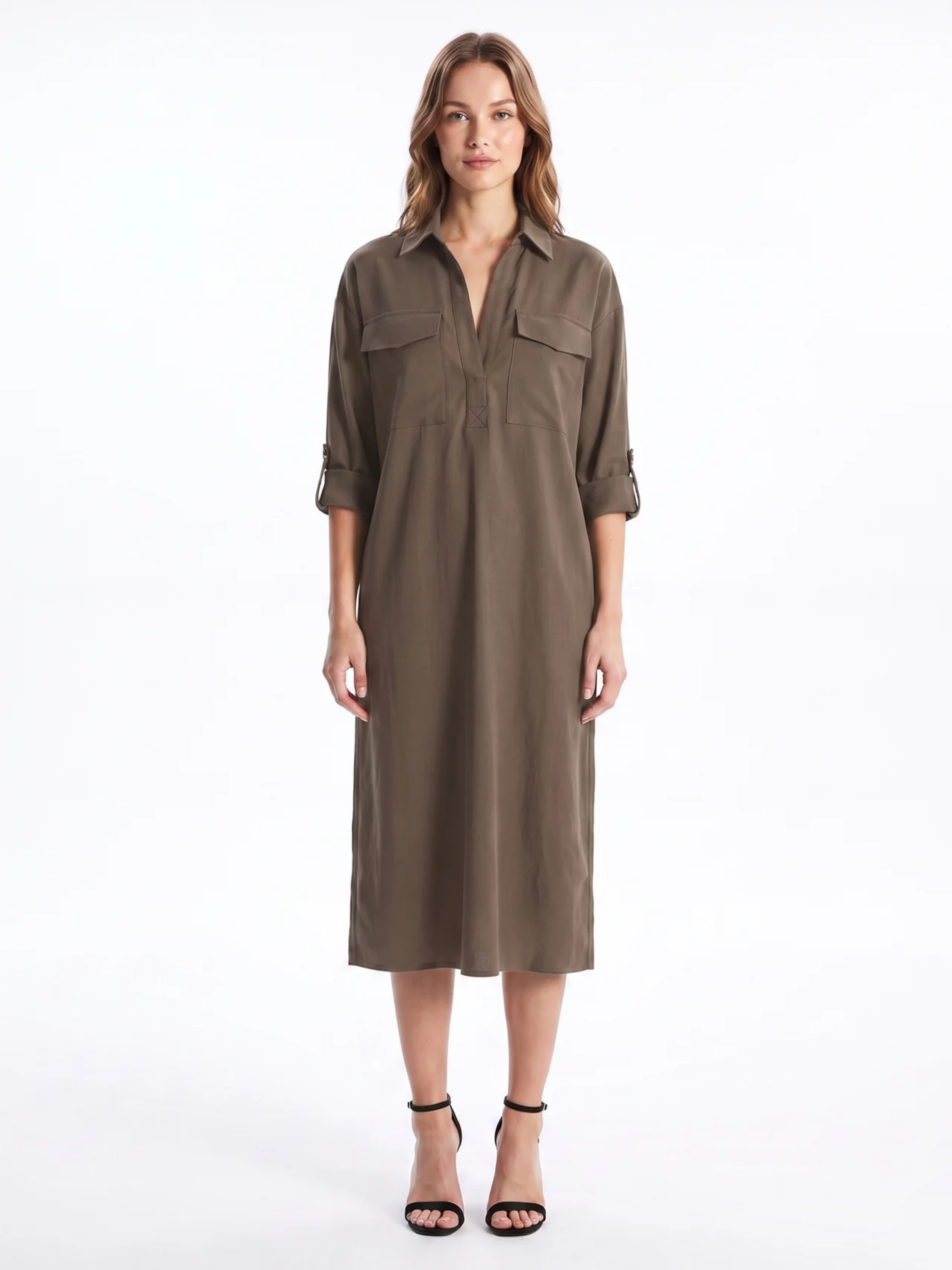 Frances - Abito midi da donna in misto lino con colletto a camicia