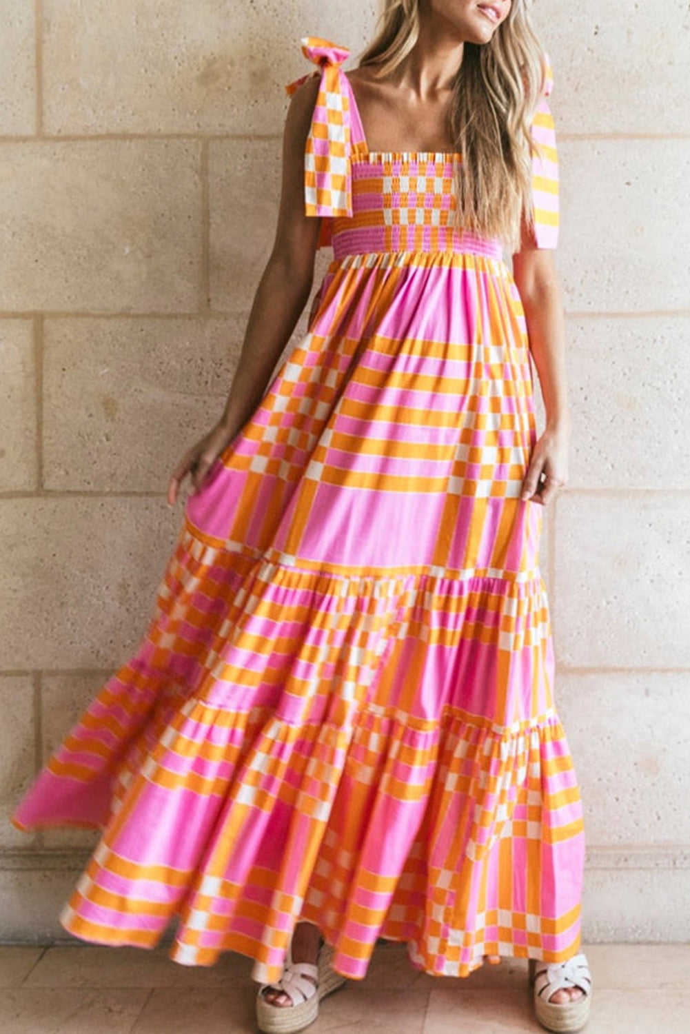 Naomi - Women's Boho Gingham Smocked Maxi Dress with Tied Straps - photo 1