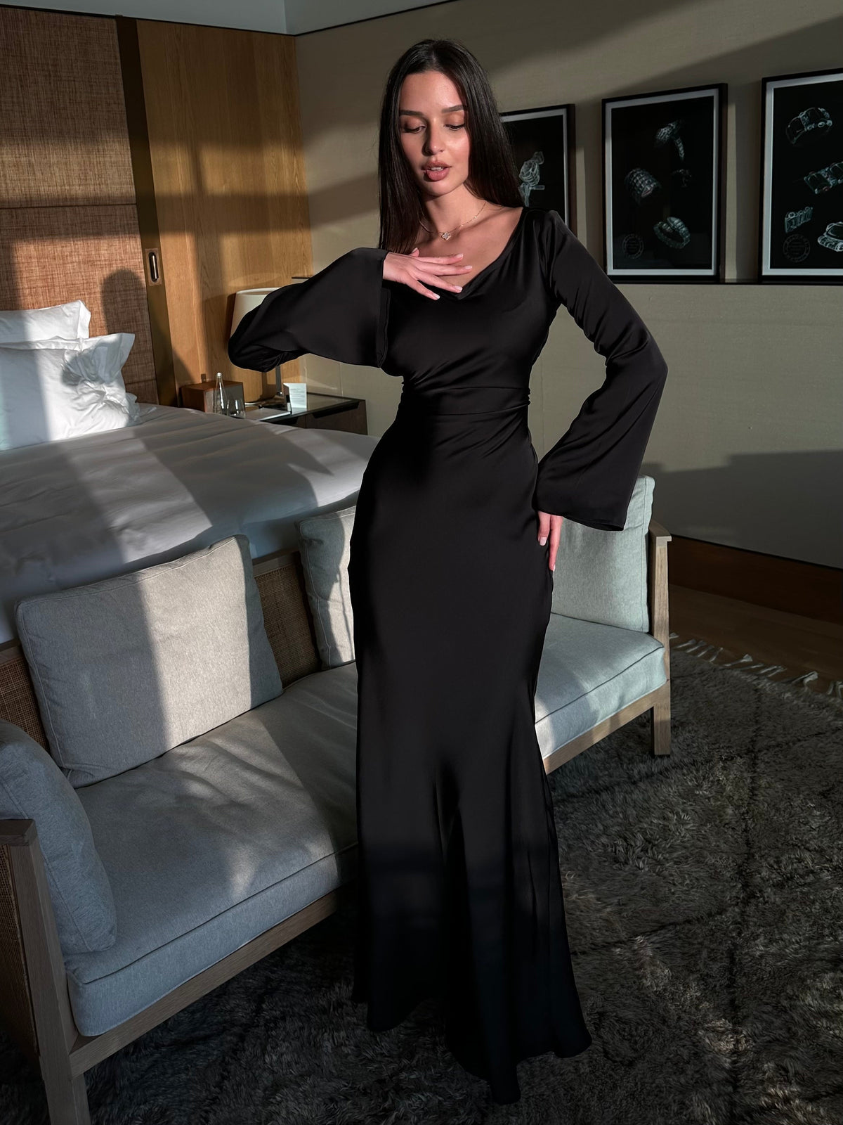 Women's Satin Bodycon Maxi Dress Cowl Neck