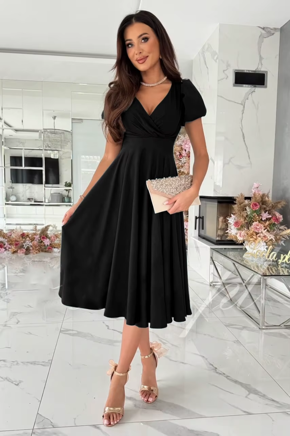 Anika - Women's V-Neck Midi Dress for Weddings and Special Occasions