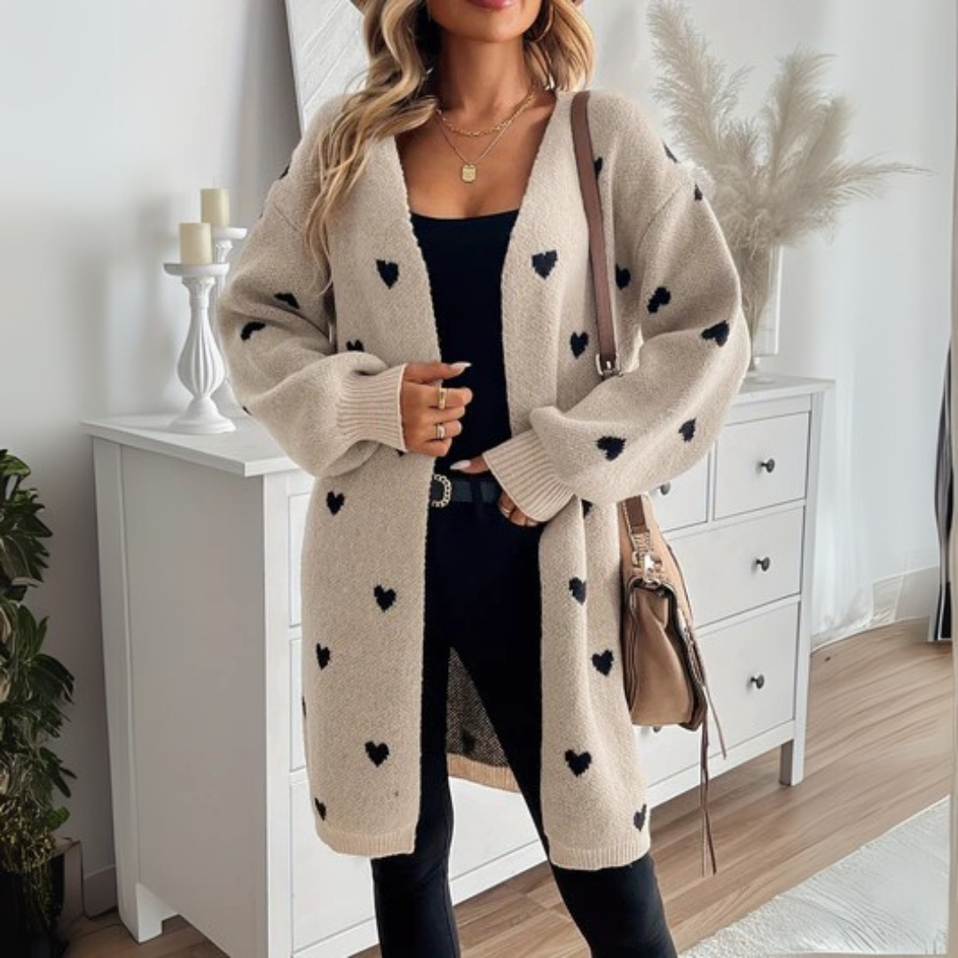 Women's Long Cardigan with Heart Motif