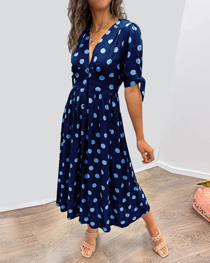 Rachelle - Abito midi svasato da donna a pois con scollo a V