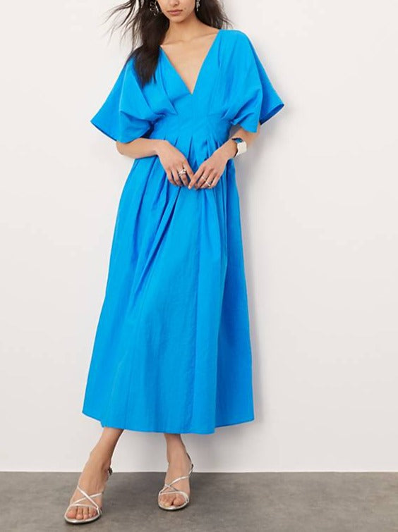 April - Women's Pleated Wide Puff Sleeve Midi Dress