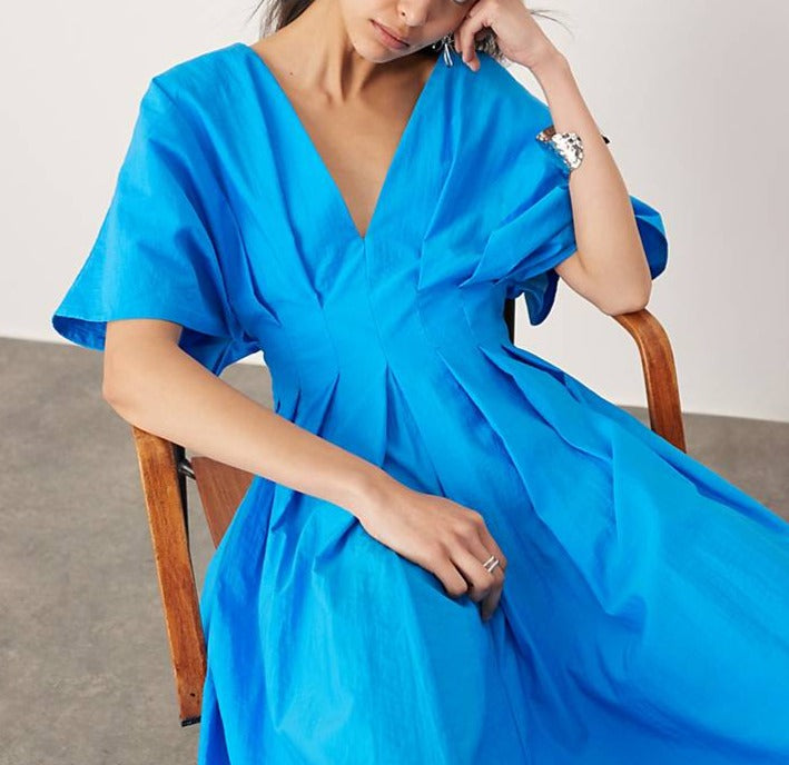 April - Women's Pleated Wide Puff Sleeve Midi Dress - photo 5