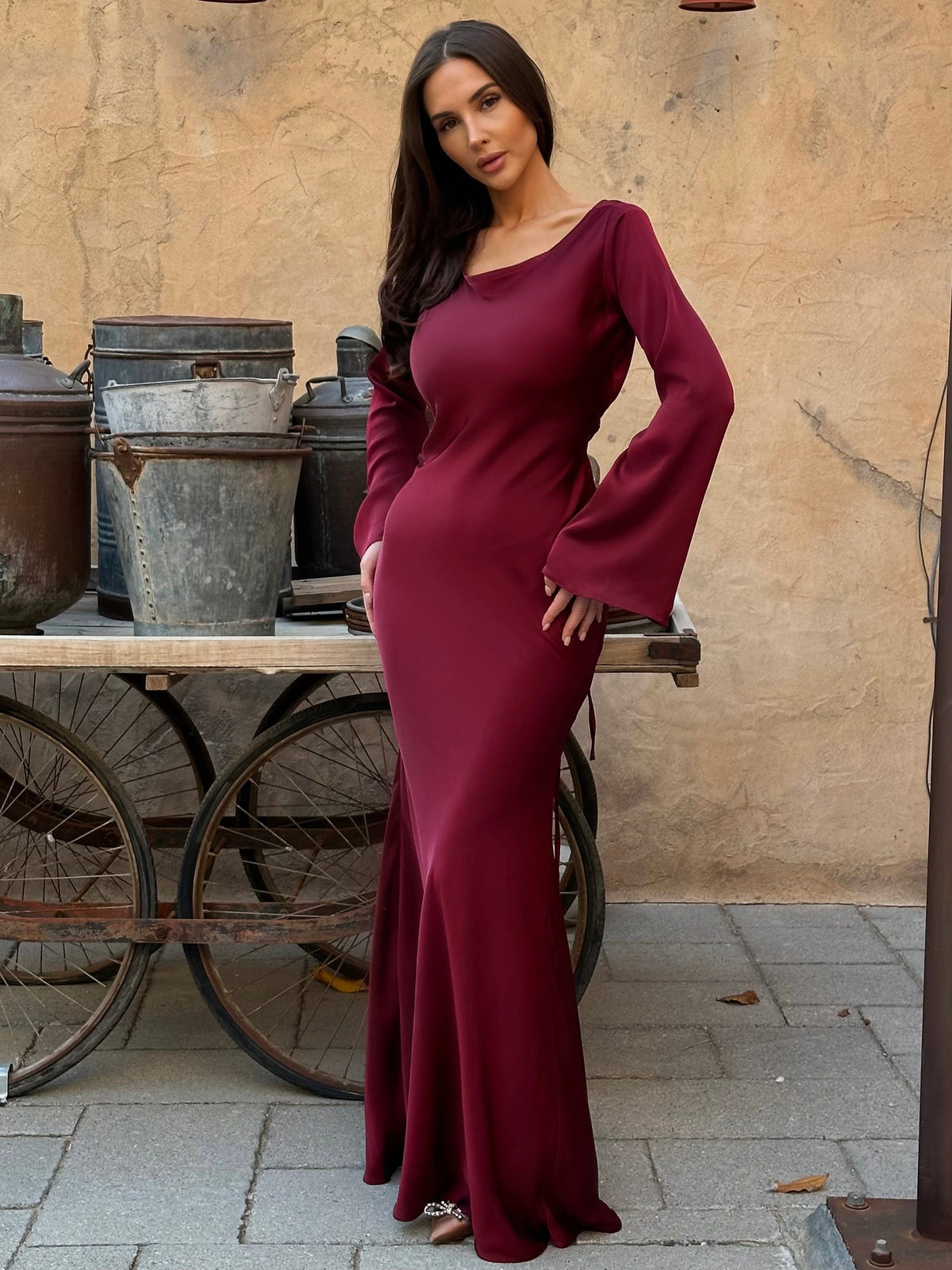 Women's Satin Bodycon Maxi Dress Cowl Neck