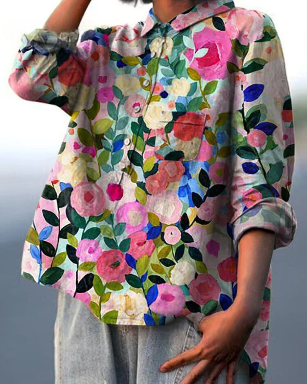 Women's Cotton-Linen Floral Print Shirt with Dipped Hem