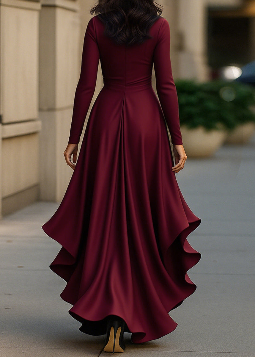 Women's Satin Wrap Dress with Long Sleeves and Asymmetric Hem