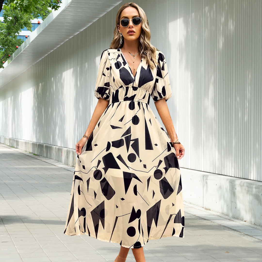 Nadine - Women's Timeless Midi Dress with Puff Sleeves - photo 2