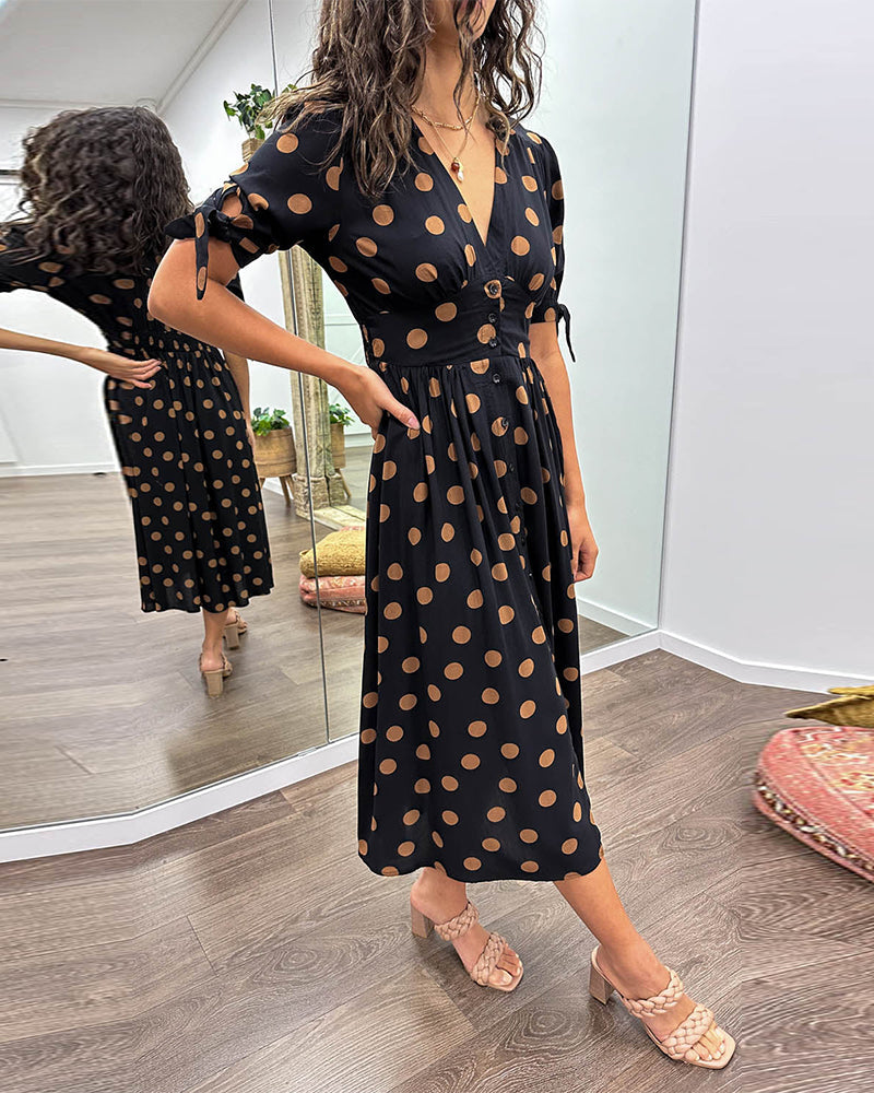 Rachelle - Abito midi svasato da donna a pois con scollo a V