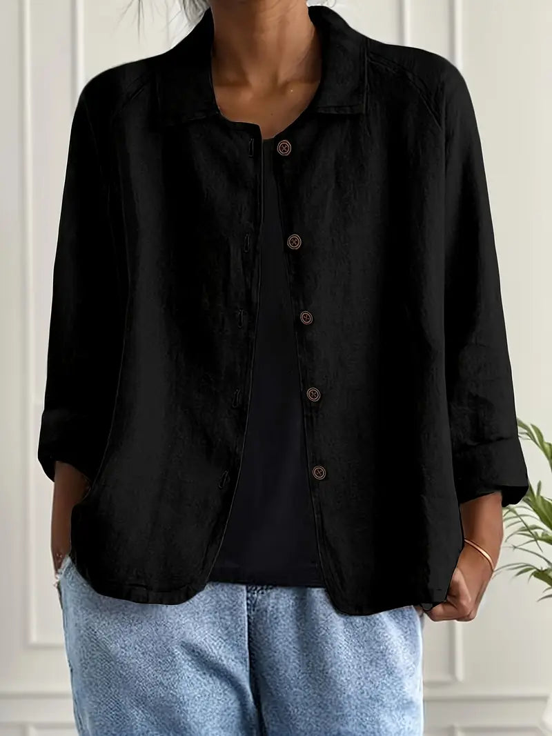 Women's linen-look button front overshirt in black