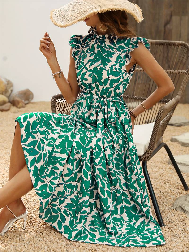 Eleanor - Women's Ruffled Sleeve Leaf Print Summer Dress with Belt