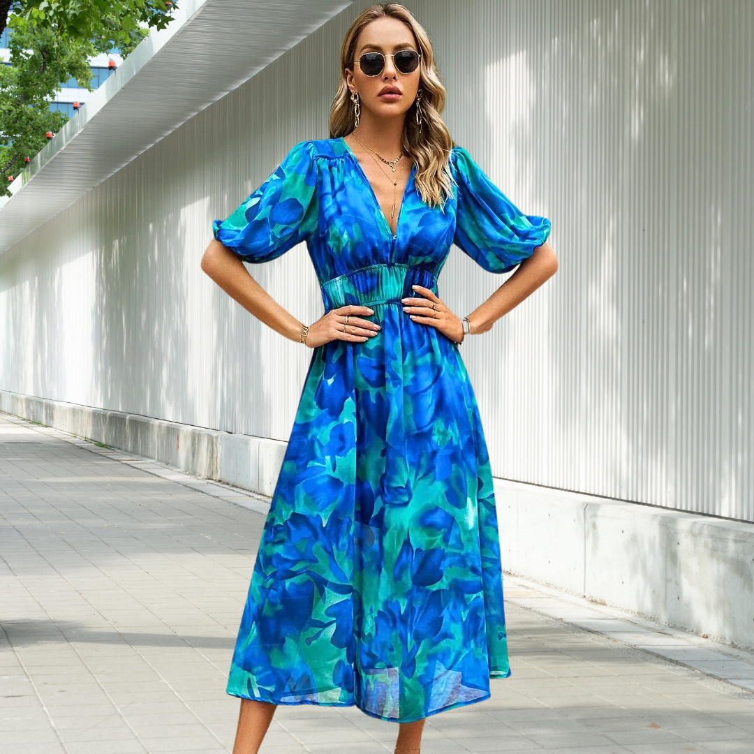 Nadine - Women's Timeless Midi Dress with Puff Sleeves