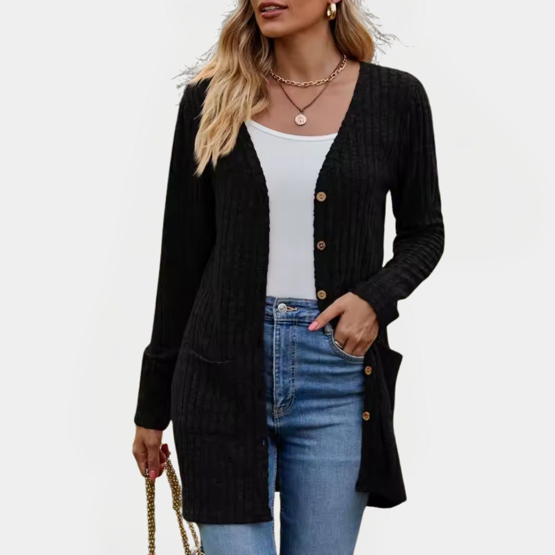 Jemima - Women's Ribbed Knit Button-Up Longline Cardigan