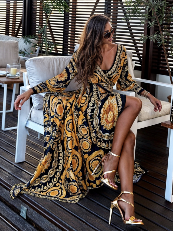 Lani - Women's Bohemian Maxi Dress with Golden Print and High Slit - photo 3