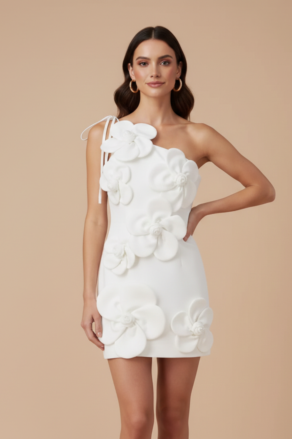 Women's Floral Mini Dress - 3D Appliqué - Strapless - Tie Back