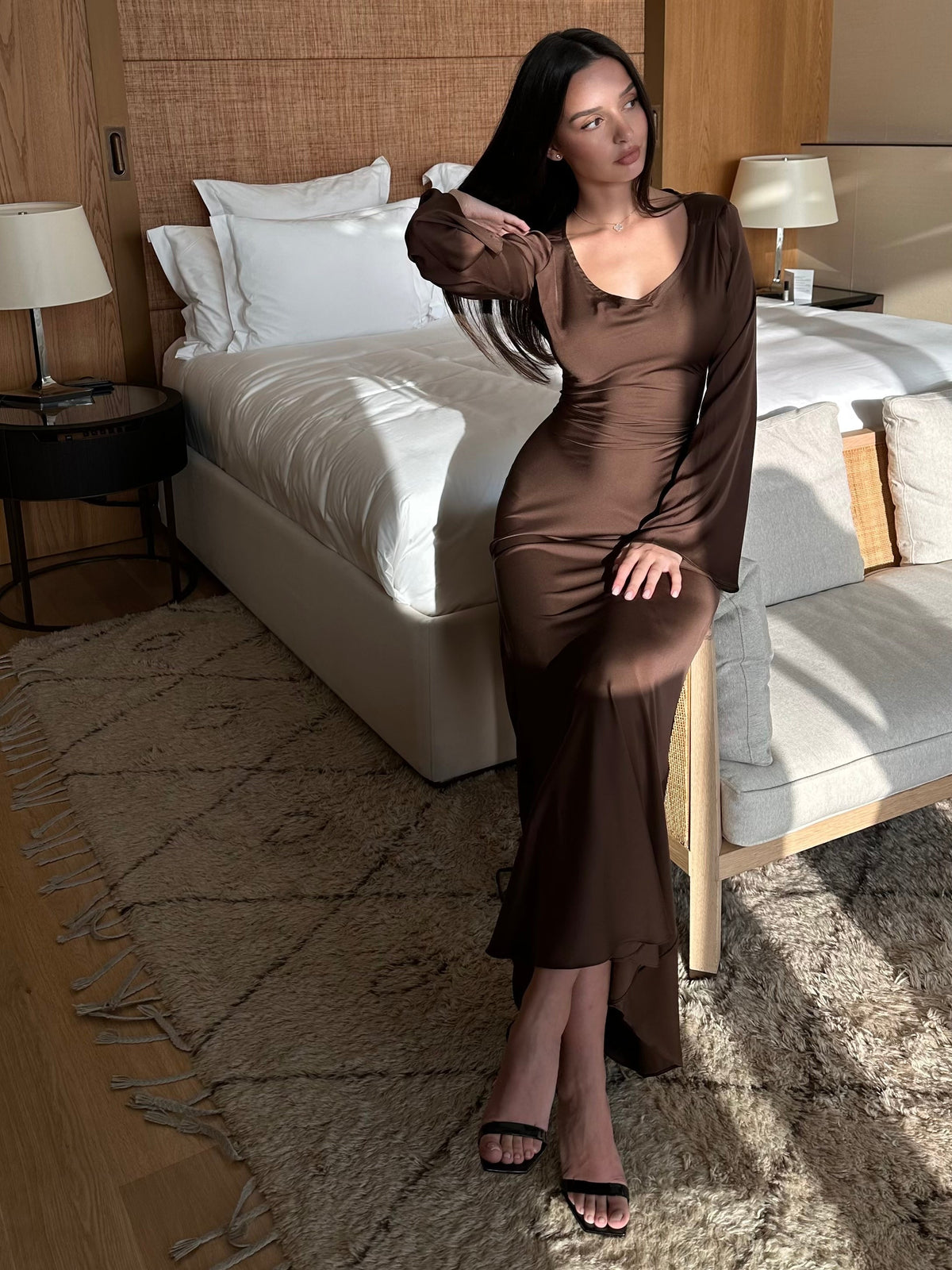 Women's Satin Bodycon Maxi Dress Cowl Neck – Coffee