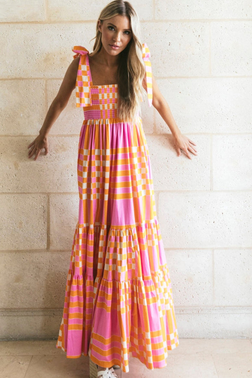 Naomi - Women's Boho Gingham Smocked Maxi Dress with Tied Straps - photo 2