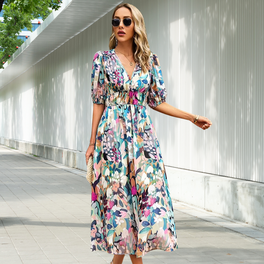 Nadine - Women's Timeless Midi Dress with Puff Sleeves - photo 7