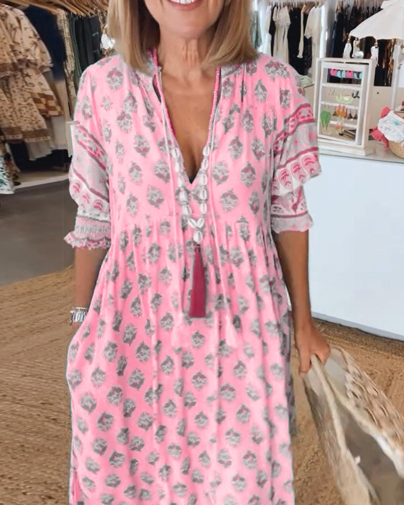 Emma - Women's Printed V-Neck Half-Sleeve Dress - photo 11