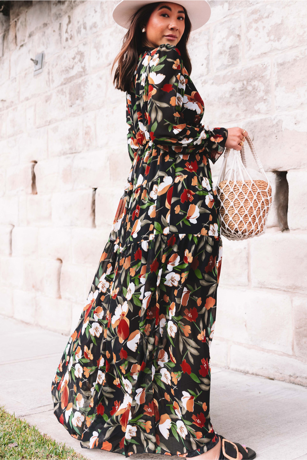 Aveline - Women's Wild Lotus Ruffle Tiered Maxi Dress