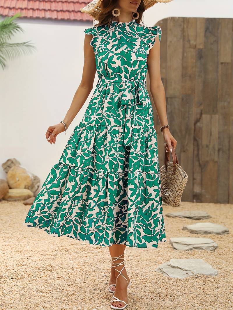 Eleanor - Women's Ruffled Sleeve Leaf Print Summer Dress with Belt