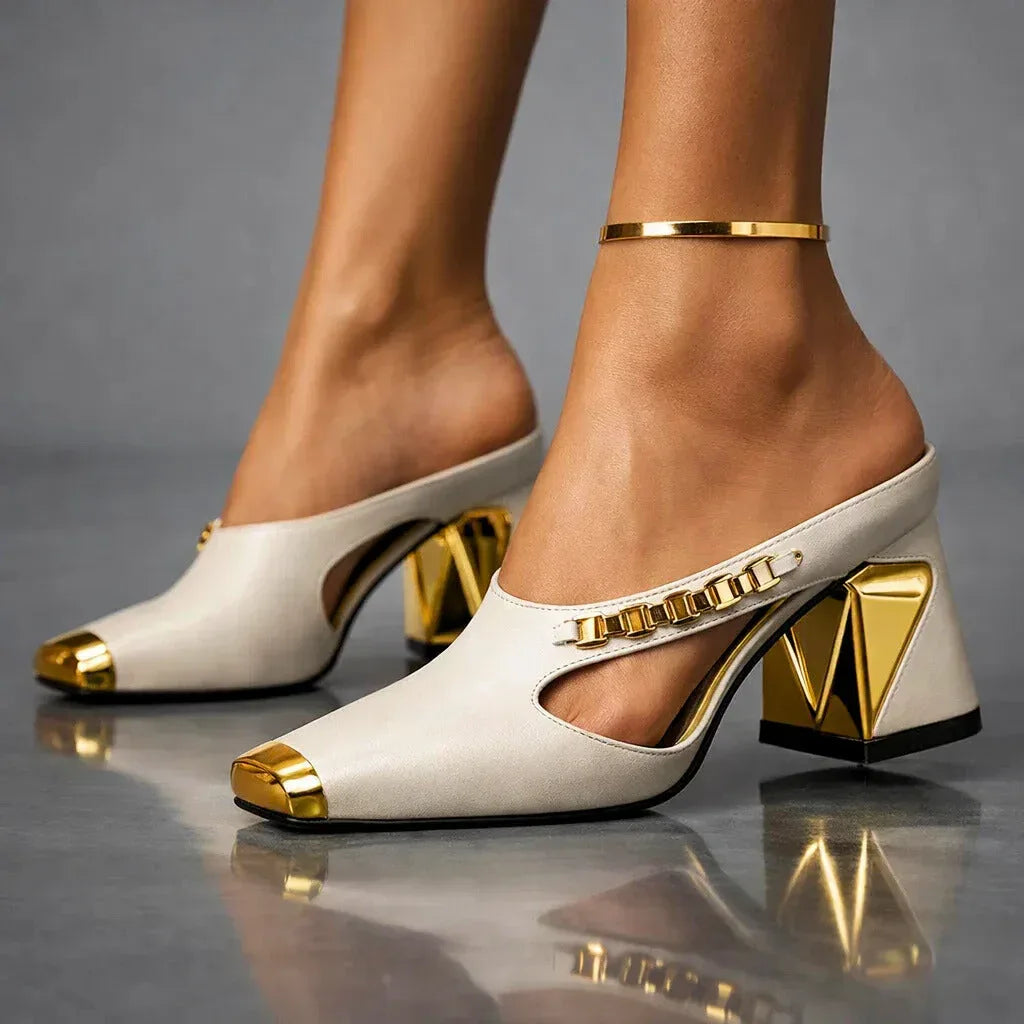 Mules da donna con tacco largo e punta affusolata