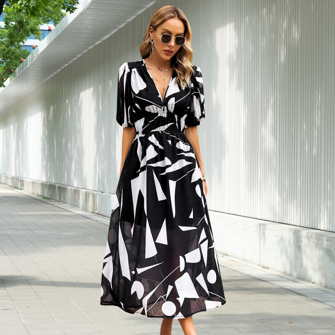 Nadine - Women's Timeless Midi Dress with Puff Sleeves - photo 5