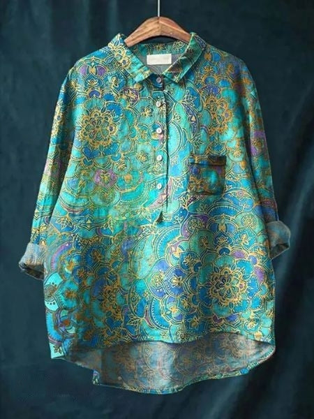 Women's cotton-linen floral shirt, print 10 - teal paisley