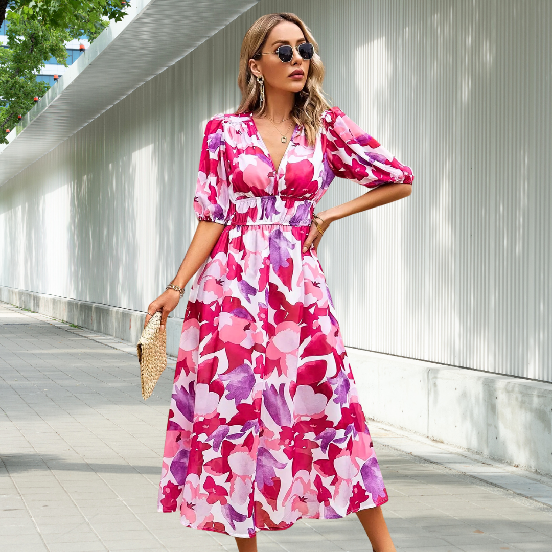 Nadine - Women's Timeless Midi Dress with Puff Sleeves