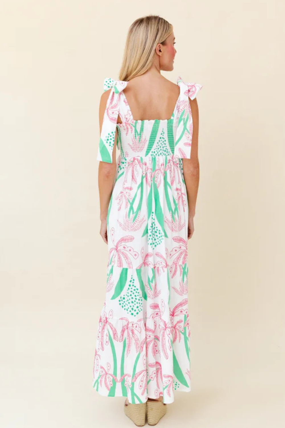 Naomi - Women's Boho Gingham Smocked Maxi Dress with Tied Straps