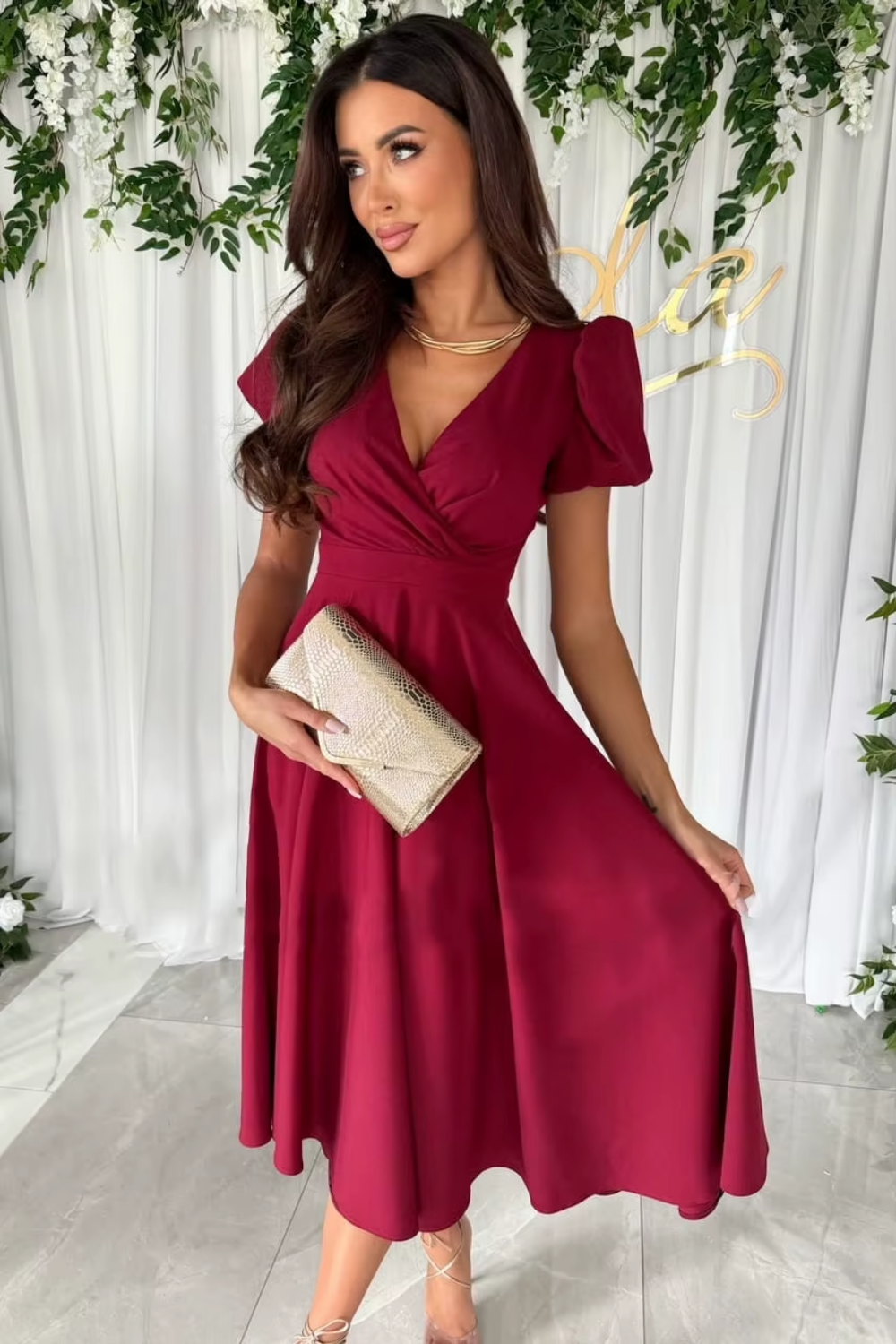 Anika - Women's V-Neck Midi Dress for Weddings and Special Occasions