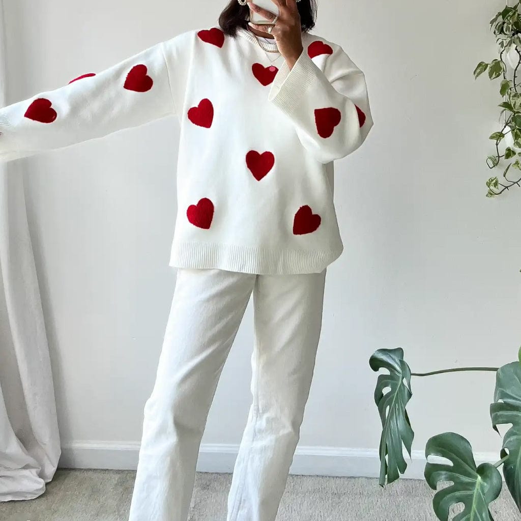 Florence - Women's Heart Print Knit Sweater Casual Cozy Wear