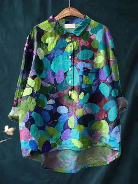 Women's cotton-linen floral shirt, print 11 - green leaf