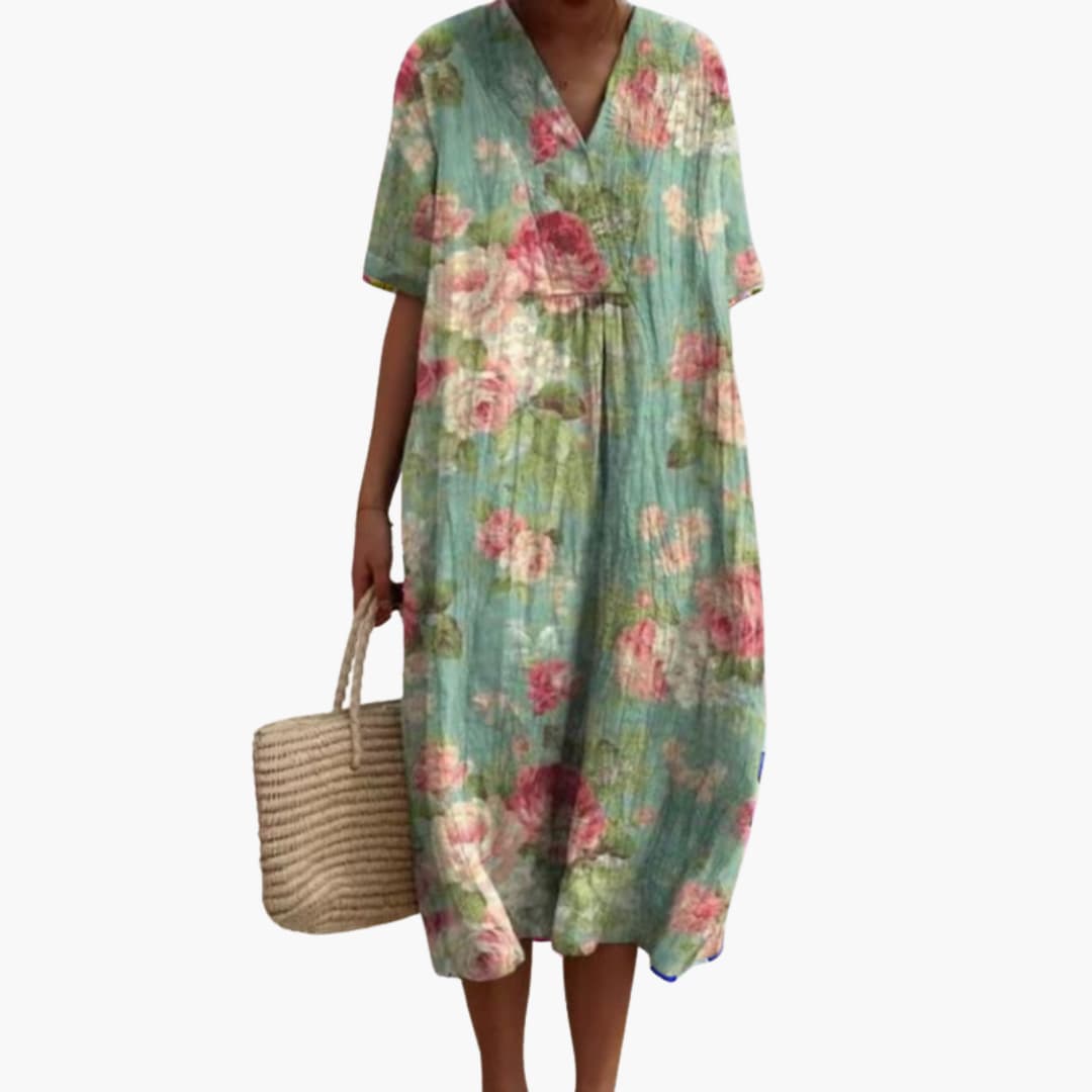 Women's Floral V Neck Relaxed Midi Dress for Everyday Wear